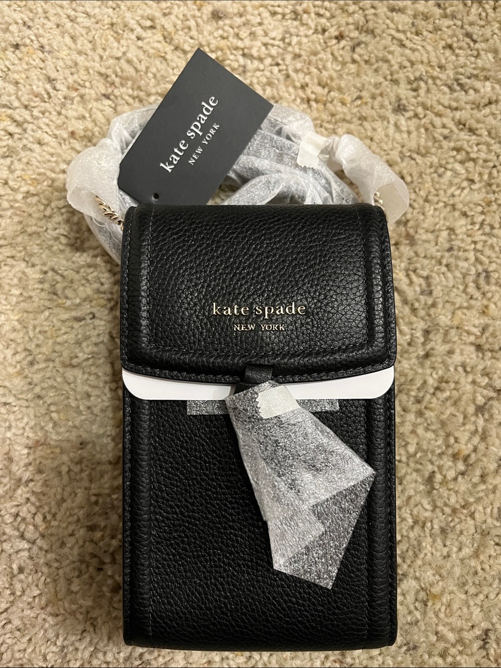 kate spade Black Pebbled Leather Phone Crossbody with Gold Logo